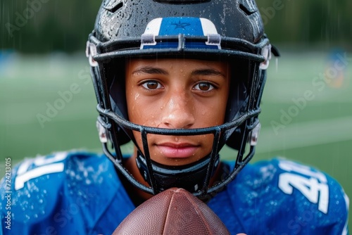 A young boy eagerly prepares for his team's upcoming football game, proudly wearing his blue jersey and holding his trusty football, ready to conquer the field with his team by his side photo