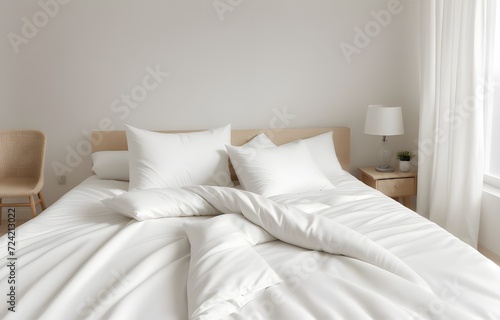 White folded duvet on white bed. household, domestic activities, hotel and home