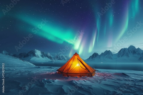 A cozy tent nestled in a winter wonderland, with the starry night sky and dancing aurora above, surrounded by the peacefulness of nature and the towering mountains