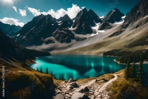 A majestic mountain landscape featuring a rugged hiking trail leading to a stunning view of a crystal-clear lake nestled among the peaks. © AiArtist