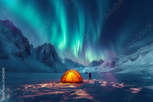 Under the starry sky, a lone figure gazes at the dancing auroras above their snowy campsite, nestled in the embrace of majestic mountains, surrounded by the tranquil beauty of winter nature