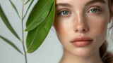 Close-up portrait of a woman with freckles. Studio shot with a green leaf and copy space on a light background. Skincare and natural beauty concept. Design for banner, poster, cosmetic advertising