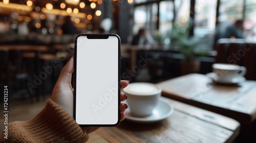 A Woman's Hand Holding a Phone with White Blank Screen at a Coffee Shop