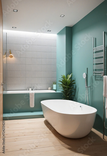 Modern stylish bathroom with bathtub and colored walls. Minimalistic interior in nordic style