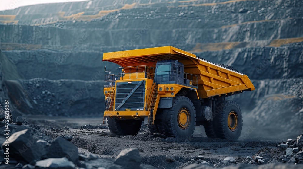 open pit mining with a realistic photograph featuring a large yellow mining dump truck extracting anthracite coal, showcasing the scale and machinery involved in the mining industry. open pit mining with a realistic photograph featuring a large yellow mining dump truck extracting anthracite coal, showcasing the scale and machinery involved in the mining industry.