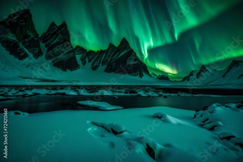 The ethereal green glow of the aurora borealis casting a magical light over a snow-covered mountain ridge, with the contrasting darkness of Stockness Beach and the silhouette of Vestrahorn 