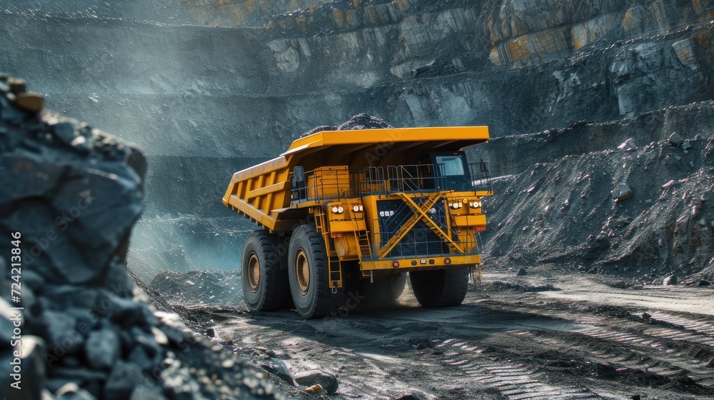 open pit mining with a realistic photograph featuring a large yellow mining dump truck extracting anthracite coal, showcasing the scale and machinery involved in the mining industry. - obrazy, fototapety, plakaty 