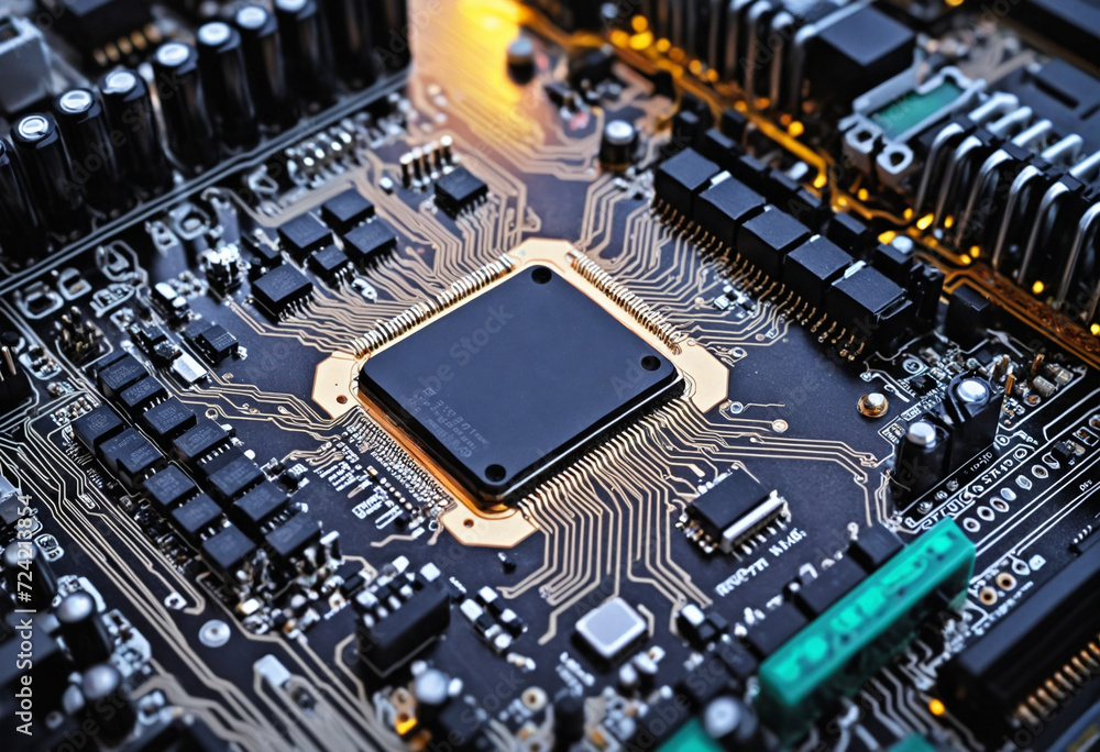 Abstract computer motherboard with neon lighting. Generative AI Abstract computer motherboard with neon lighting. Generative AI