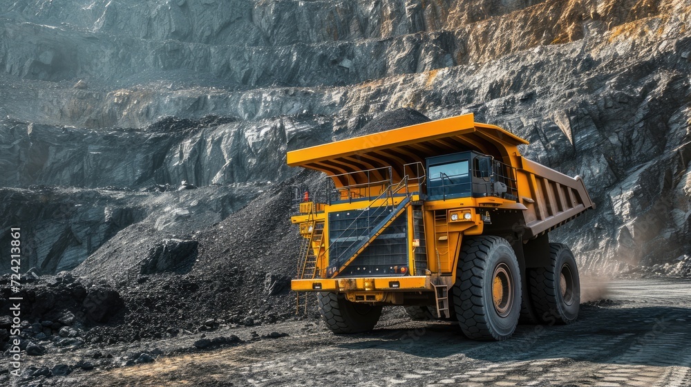 open pit mining with a realistic photograph featuring a large yellow mining dump truck extracting anthracite coal, showcasing the scale and machinery involved in the mining industry. - obrazy, fototapety, plakaty 