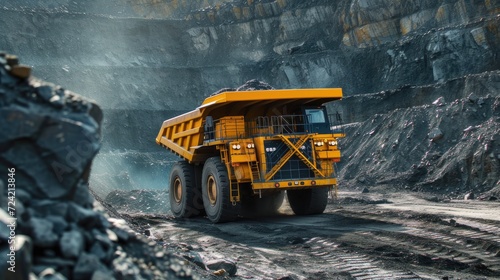 open pit mining with a realistic photograph featuring a large yellow mining dump truck extracting anthracite coal, showcasing the scale and machinery involved in the mining industry. photo