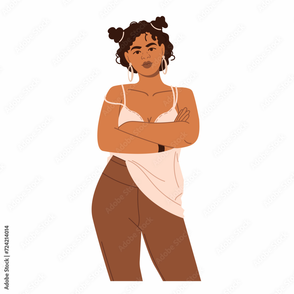A beautiful young African American woman stands with her arms crossed over her chest. A female character in casual clothes. Human poses. Posing. Vector illustration in a flat style A beautiful young African American woman stands with her arms crossed over her chest. A female character in casual clothes. Human poses. Posing. Vector illustration in a flat style