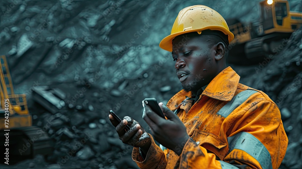 Fototapeta premium a young African mine worker in protective gear while holding a cell phone, with coal mine equipment in the background, the modern technology and safety measures integrated into mining operations.