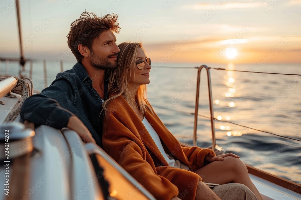 Fototapeta premium As the sun sets over the peaceful beach, a man and woman sit on the deck of their boat, their clothing gently blowing in the wind as they sail towards the horizon