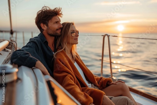 As the sun sets over the peaceful beach, a man and woman sit on the deck of their boat, their clothing gently blowing in the wind as they sail towards the horizon