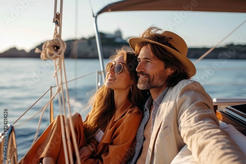 Amidst the tranquil waters and vast sky, a couple sails towards the horizon, their fashionable attire and sunglasses reflecting the sun's rays, embracing the freedom and adventure of the open sea
