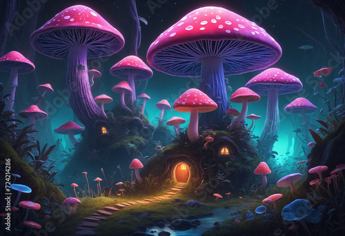 Fantasy psychedelic illustration of another world with big neon mushrooms. Generative AI