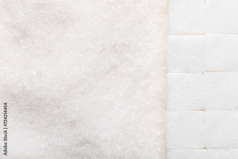 Different types of white sugar as background, top view. Space for text