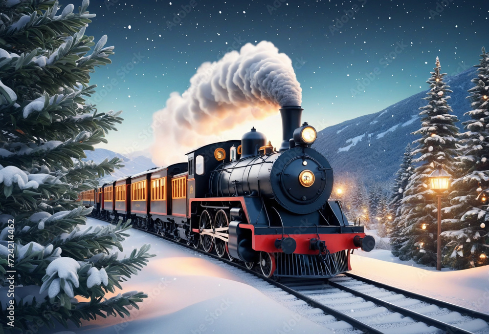 Christmas train rides among trees. Winter landscape with locomotive. Christmas night. Generative AI