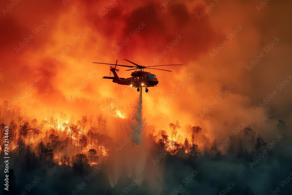 Amidst the raging flames, a helicopter's rotorcraft creates a cloud of hope, dousing the forest fire with water as the smoke dissipates into the vast sky Amidst the raging flames, a helicopter's rotorcraft creates a cloud of hope, dousing the forest fire with water as the smoke dissipates into the vast sky