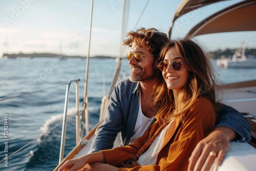 A man and woman stand on the deck of their boat, the wind whipping through their clothing as they gaze out at the endless expanse of ocean and sky, their faces lit up with joy and adventure