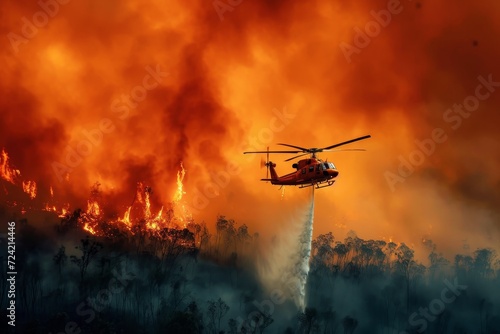 A rotorcraft soars through the sky, its helicopter rotor beating against the heat as it drops water onto the raging wildfire below, fighting against the natural disaster and pollution while brave fir