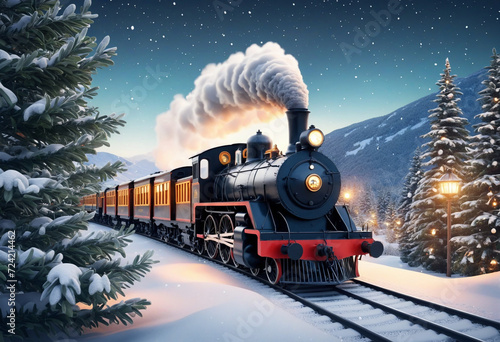 Obraz na płótnie Christmas train rides among trees. Winter landscape with locomotive. Christmas night. Generative AI w salonie