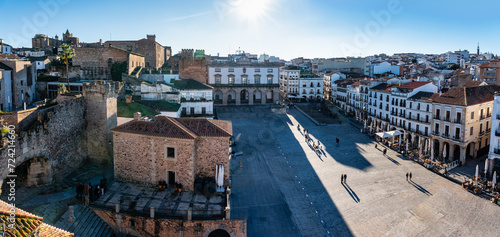 Panoramic view of the Plaza Mayor of Caceres with an aerial view at sunset, Spain photo