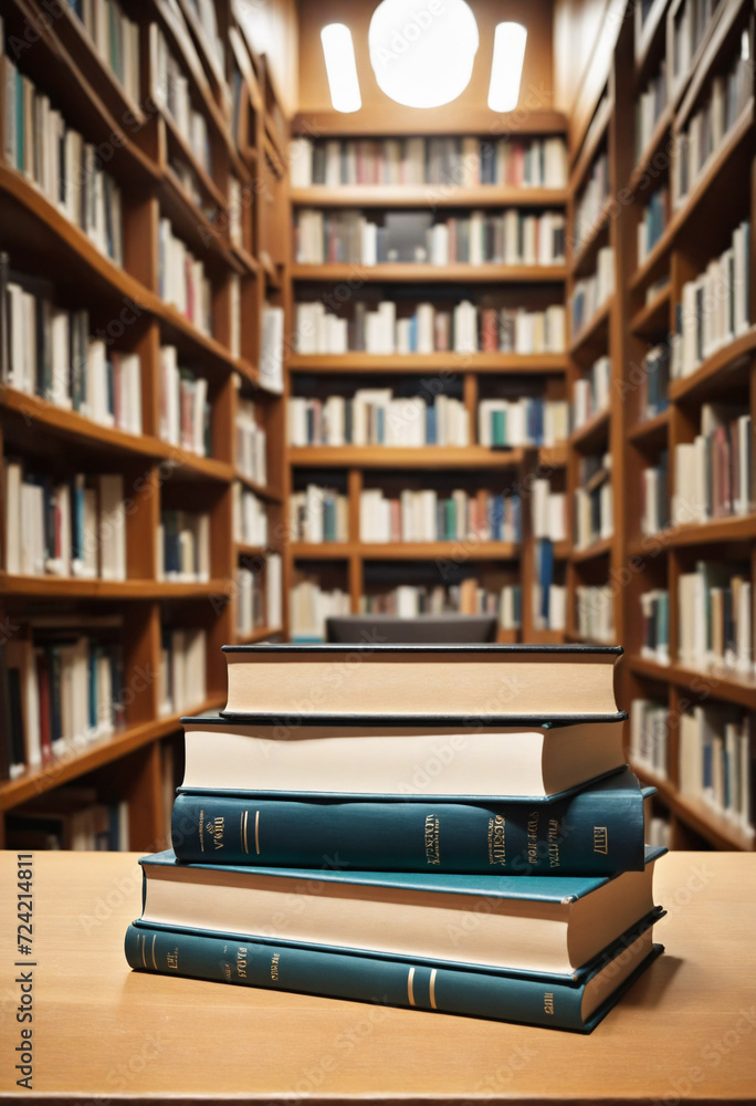 Stack of books on table against library background with bookshelves. Knowledge and education concept Stack of books on table against library background with bookshelves. Knowledge and education concept