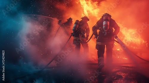 Firefighters extinguish a fire. Lifeguards with fire hoses in smoke and fire © Orxan