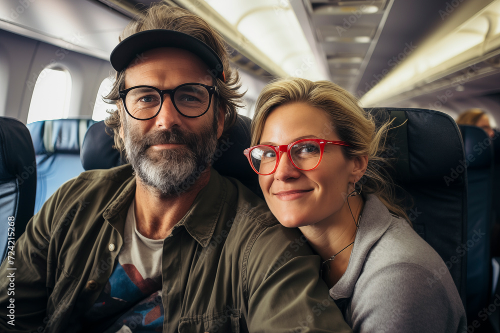 Happy tourist taking selfie inside the plane - Cheerful couple on happy vacation - Passengers boarding the plane - Vacation concept - Airplane inside enjoy trip couple portrait. People and travel - obrazy, fototapety, plakaty 