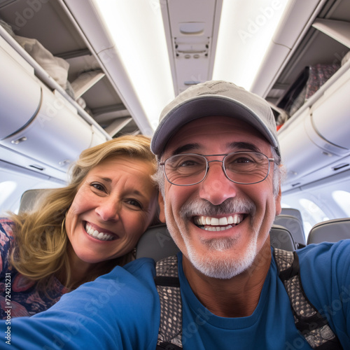 Happy tourist taking selfie inside the plane - Cheerful couple on spring vacation - Passengers boarding the plane - Vacation concept - Airplane passenger enjoy trip using smartphone. People and travel © simona