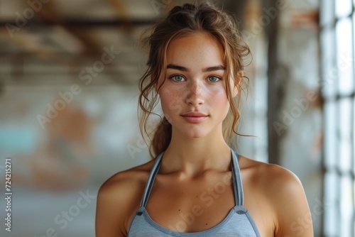 A fierce fashionista with a confident gaze, donning a grey tank top and showing off her natural beauty through her freckled face and brown hair, poses for an indoor photo shoot as she flaunts her act