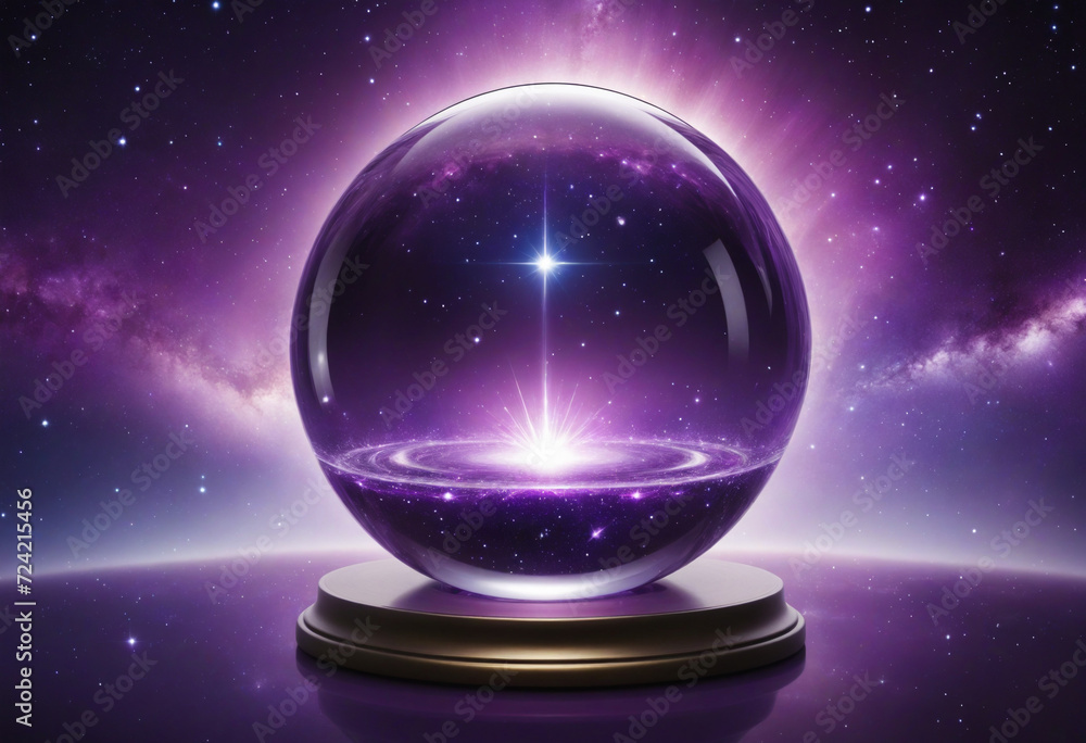 Magic crystal ball for future prediction on beautiful galaxy background in purple colors. Generative AI