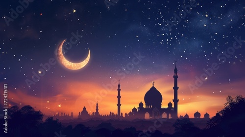 islamic greeting ramadan kareem card design background with crescent moon photo