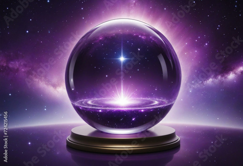 Obraz na płótnie Magic crystal ball for future prediction on beautiful galaxy background in purple colors. Generative AI w salonie