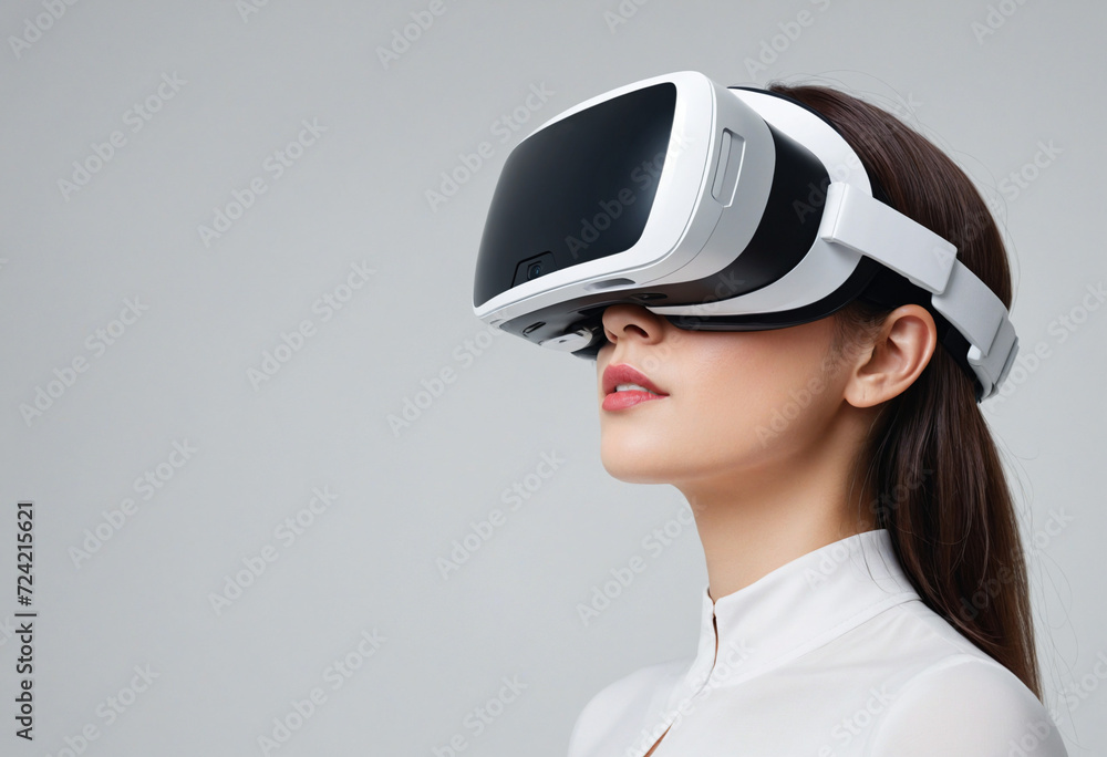 Portrait of a beautiful woman in vr glasses. Full immersion concept. Metaverse design. Virtual reality. Generative AI Portrait of a beautiful woman in vr glasses. Full immersion concept. Metaverse design. Virtual reality. Generative AI