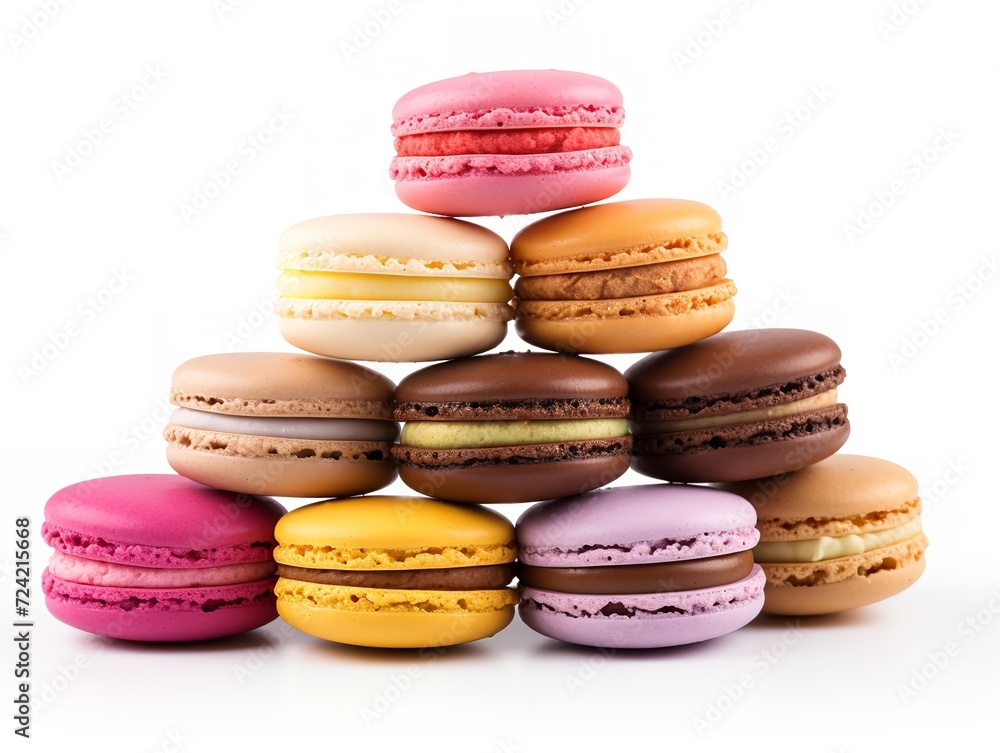Obraz premium Colorful Macarons French Dessert Isolated on White Background AI Generated