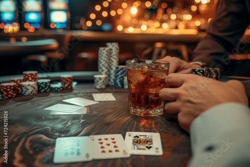 A solitary figure sits in a dimly lit gambling house, their hand holding a frothy pint of beer while a deck of cards and a mysterious card lay on the table before them photo