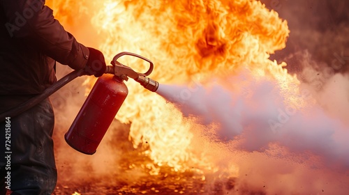 Man using fire extinguisher fighting fire closeup photo photo