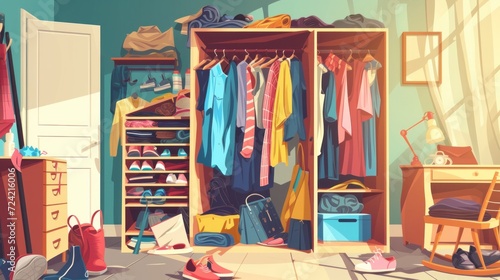 Messy wardrobe. Cleaning throwing things home closet, organize clothing order before mess dress cupboard, untidy lifestyle concept clutter clothes cartoon neat vector illustration of wardrobe messy photo