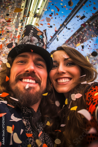 Couple of young people smiling and taking selfies happily. Engaged couples celebrate and take photos surrounded by confetti. Celebration and event concept..​ photo