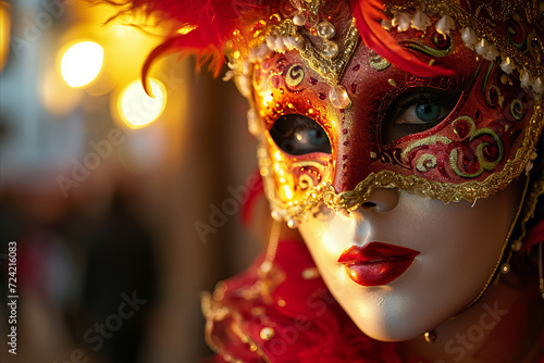 Portrait of young woman with mask and carnival costume during carnival , festival, masquerade
