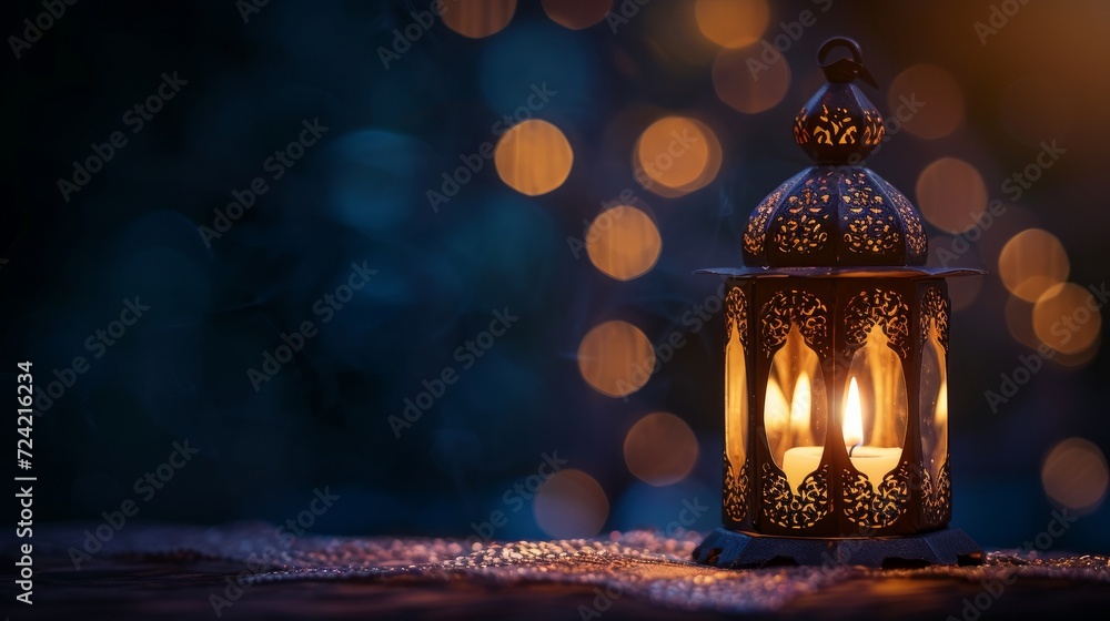 Ornamental Arabic lantern with burning candle glowing in hand. Festive greeting card, invitation for Muslim holy month Ramadan Kareem Ornamental Arabic lantern with burning candle glowing in hand. Festive greeting card, invitation for Muslim holy month Ramadan Kareem