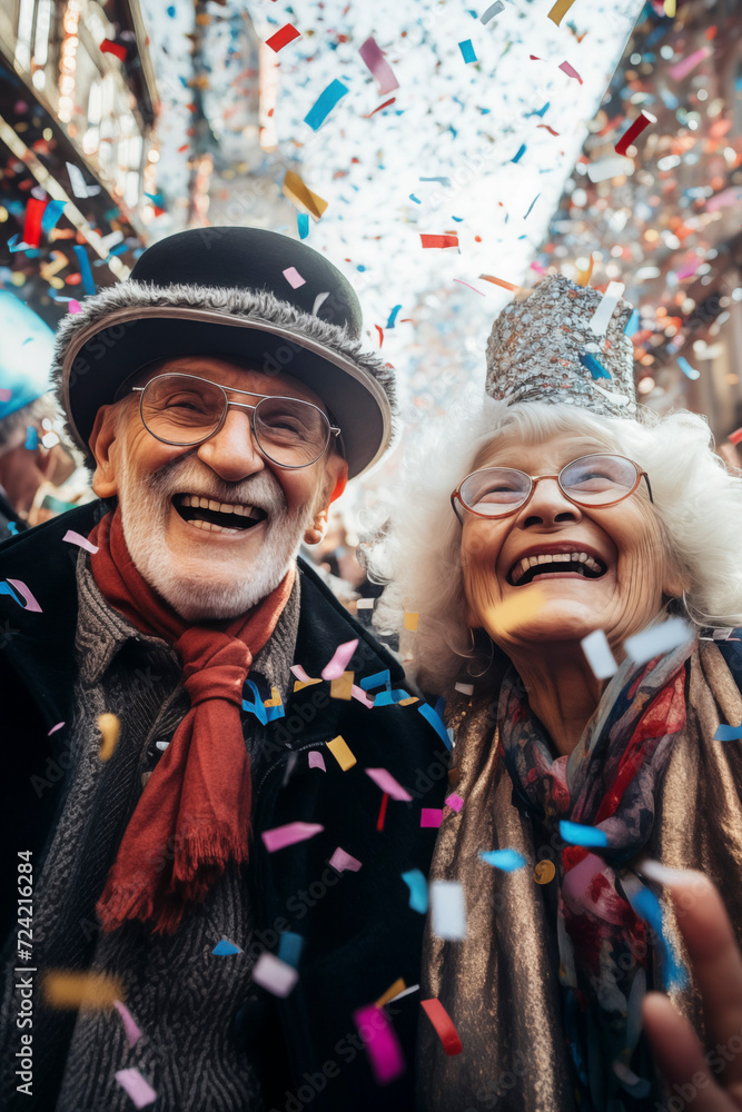Fototapeta premium The 70 year old couple smiles at the carnival with confetti. Nice retired couple celebrating carnival laughing and enjoying the party.