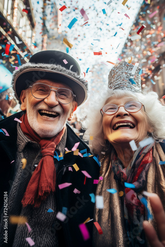 The 70 year old couple smiles at the carnival with confetti. Nice retired couple celebrating carnival laughing and enjoying the party.