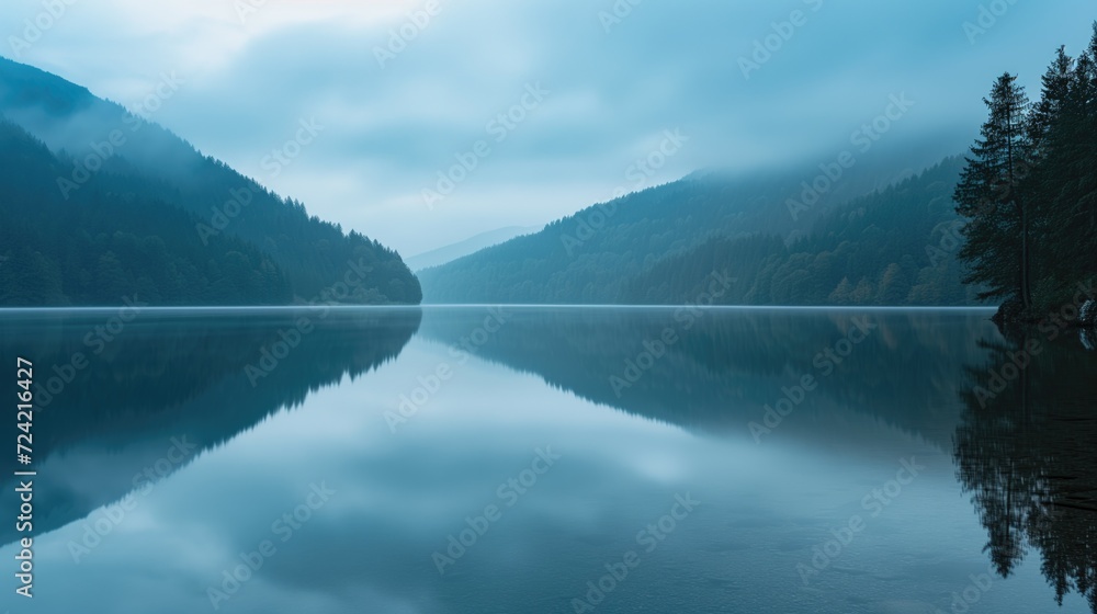 Beautiful still lake and mountains dusk landscape with some clouds and water reflection