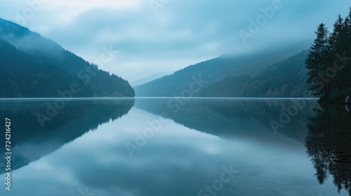 Beautiful still lake and mountains dusk landscape with some clouds and water reflection