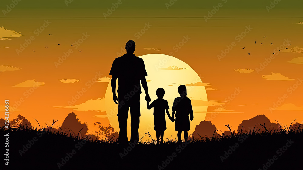 illustration of a father, children, and wife against a sunset backdrop