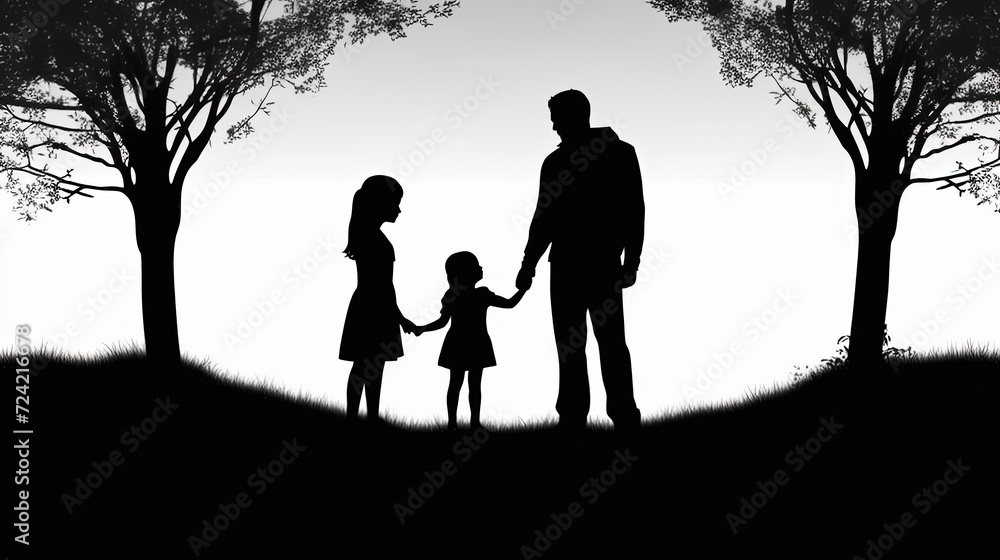 illustration of a father, children, and wife against a sunset backdrop illustration of a father, children, and wife against a sunset backdrop
