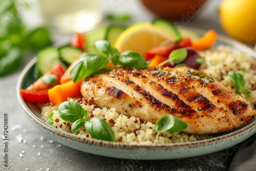a well-portioned plate featuring grilled chicken, quinoa, and steamed vegetables